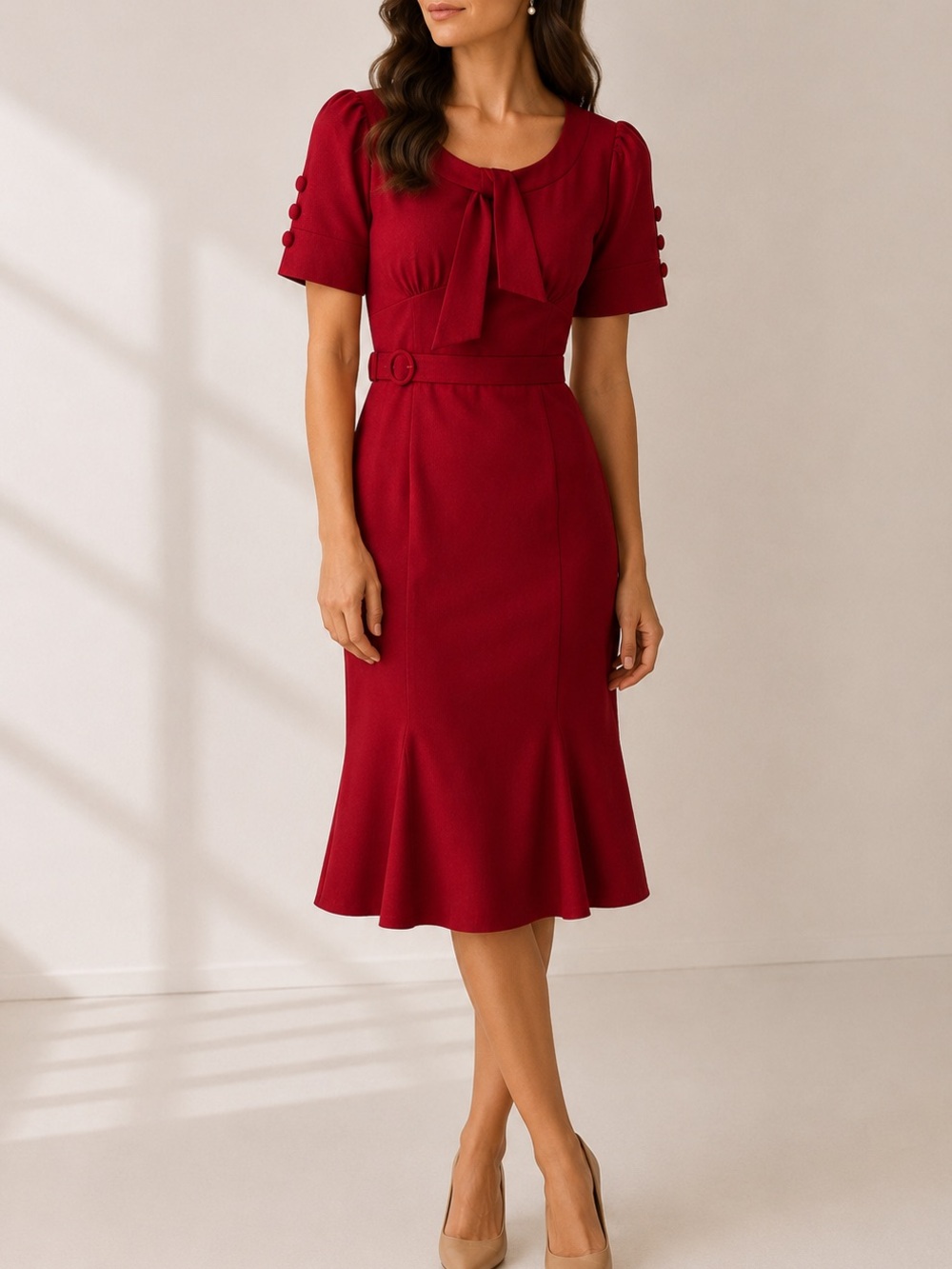 MUXXN Red Bow Neck Fit & Flare Dress 1950s Retro Cocktail Pinup Old Hollywood